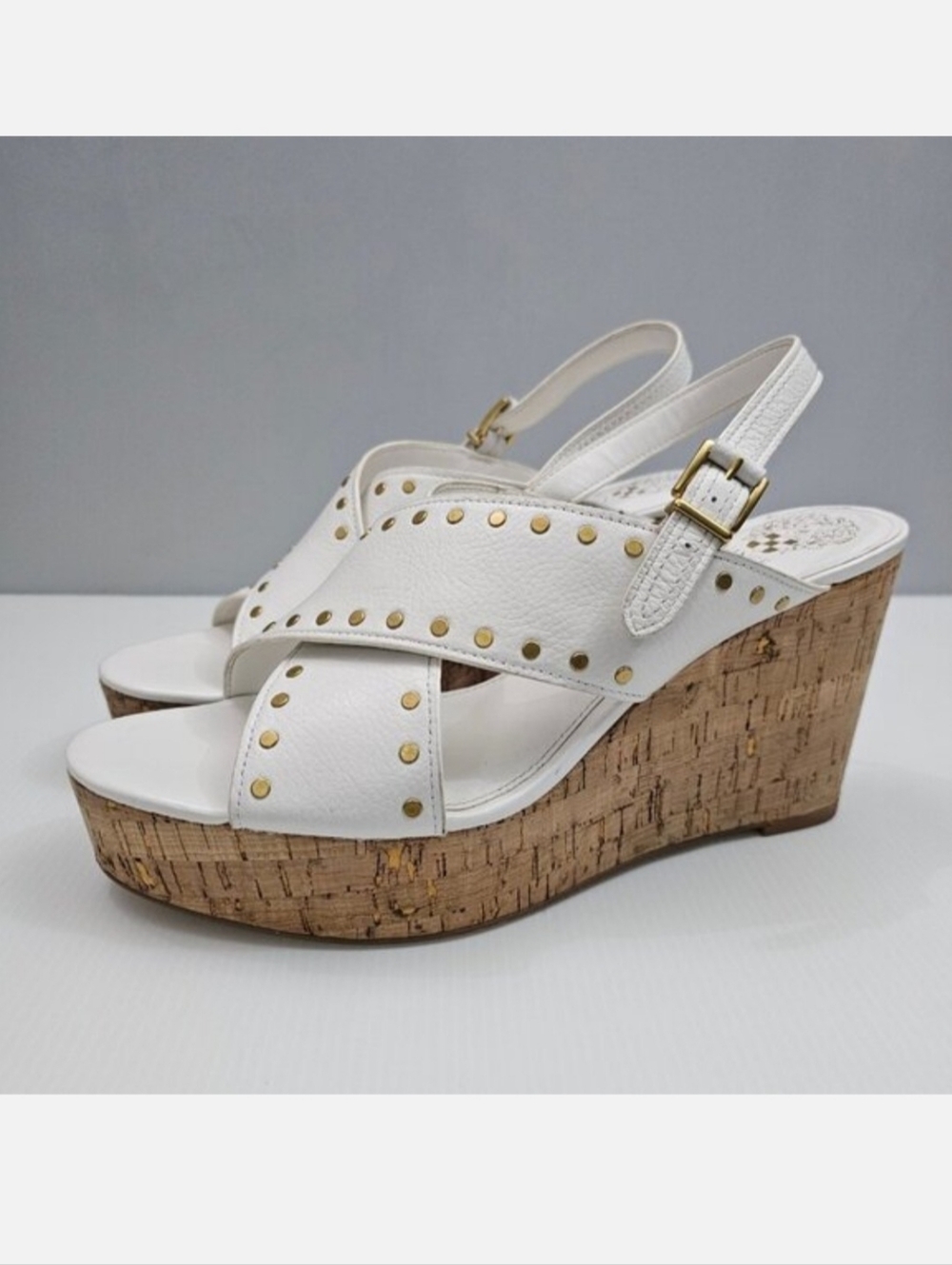 Vince Camuto Ellna Platform Wedge Sandal Women 12 White Leather Cork Studded